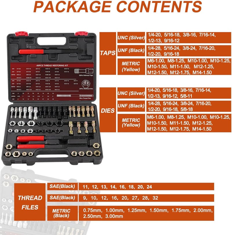 Marvelity 49PCS Thread Chaser and Repair Kit with 22 Taps, 24 Dies, 3 Files for UNC UNF Metric Bolts, Nuts and Screws - Image 5
